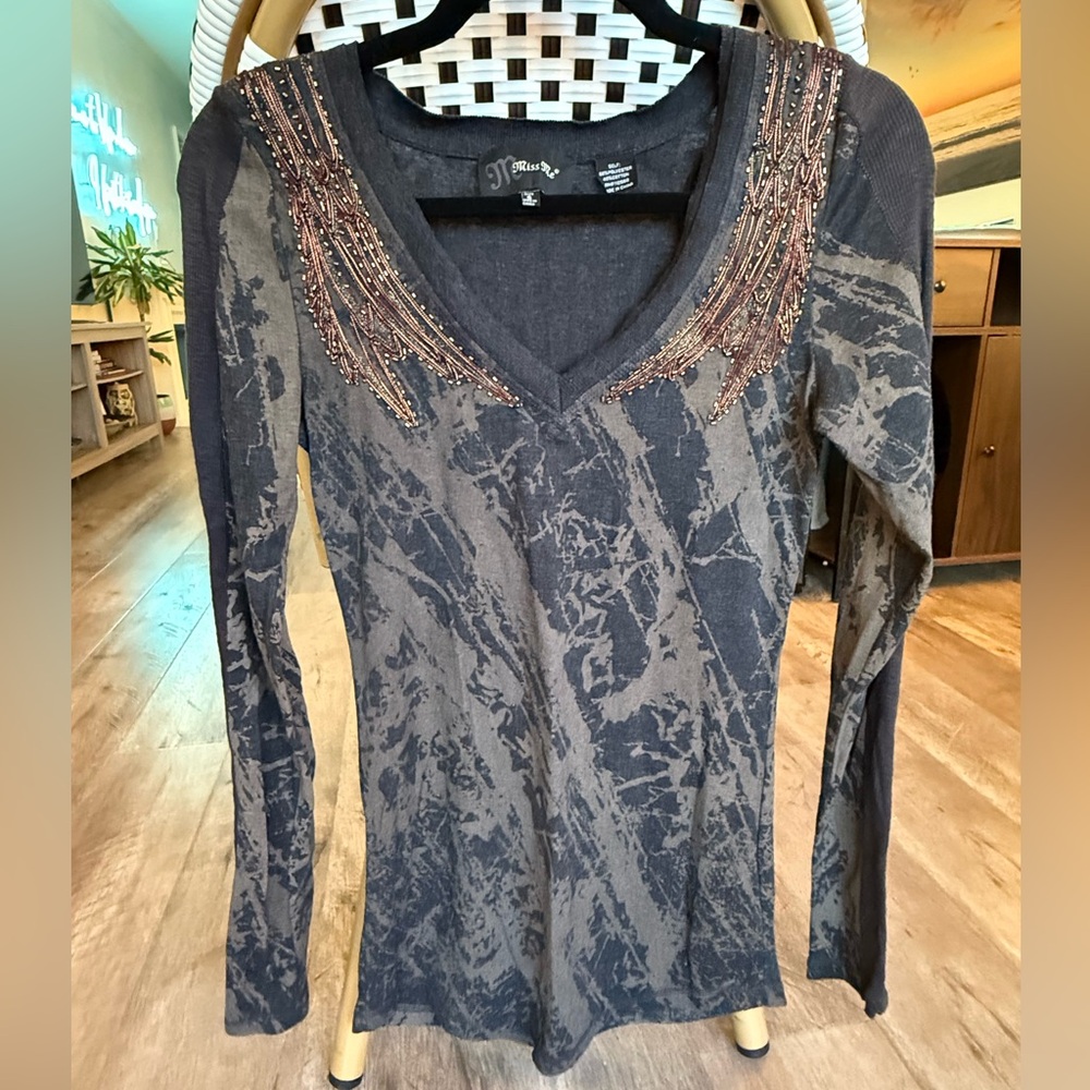 Vintage Y2K Miss Me Women's Gray/Tan Long Sleeve Embellished Beaded Top Size S